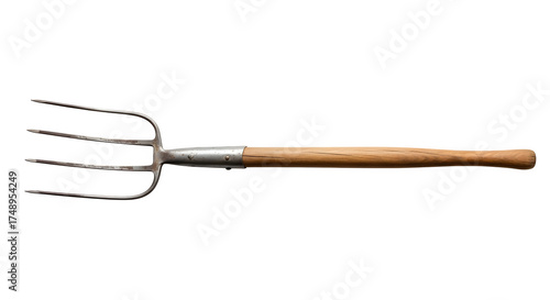 Isolated on transparent background, a long handled pitchfork with four tines, used for lifting and pitching hay, straw, or manure in farming and gardening