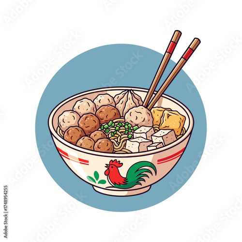Classic Bakso Noodle Soup Bowl with Meatballs, Tofu, and Chopsticks - Authentic Indonesian Dish