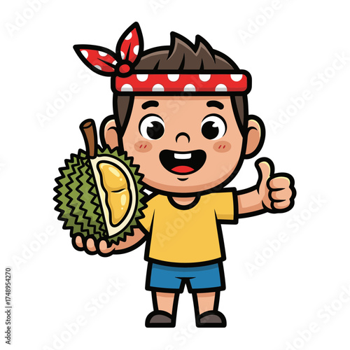 Cute Cartoon Boy Holding a Fresh Durian Fruit and Giving Thumbs Up