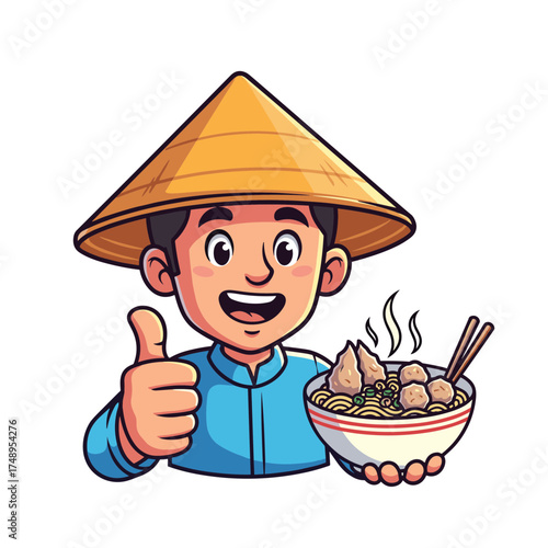 Happy Asian Man in Conical Hat Giving Thumbs Up with a Bowl of Bakso Noodle Soup