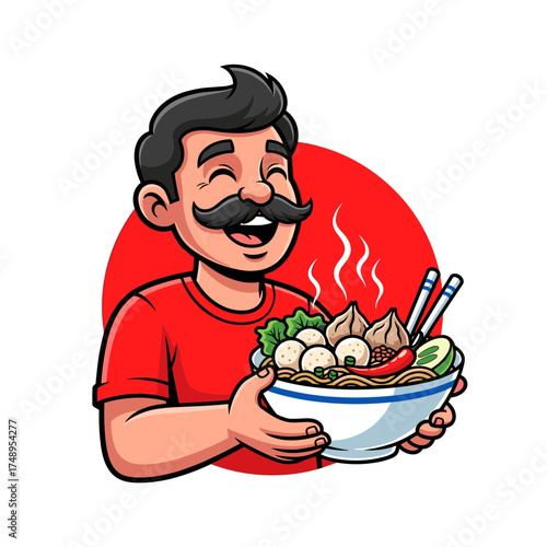 Smiling Man with Mustache Holding a Steaming Bowl of Spicy Bakso Noodle Soup with Chili
