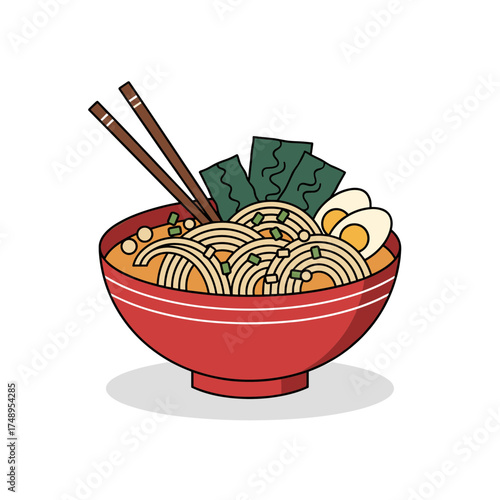 Minimalist Japanese Ramen Noodle Soup Bowl with Egg, Nori and Chopsticks