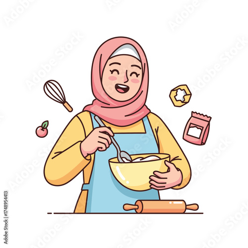 Happy Muslim Woman in Hijab Baking and Mixing Ingredients in a Bowl Illustration