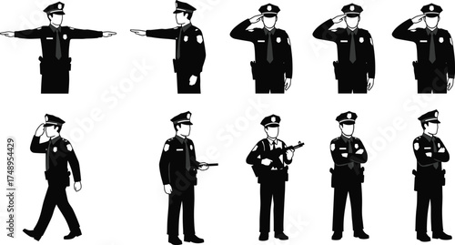 Police officer silhouette, salute gesture, baton pose, rifle stance, black vector, law enforcement icon, patrol action, uniformed authority