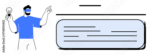 Person with lightbulb and gesture toward a blue-highlighted text section, representing creativity, innovation, brainstorming, and planning. Ideal for leadership, presentation, communication