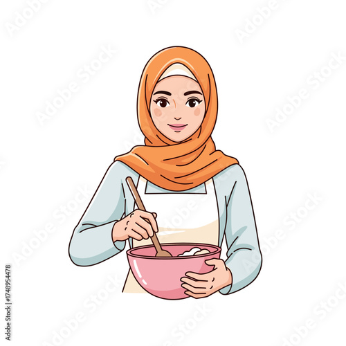 Beautiful Muslim Woman in Hijab Cooking and Mixing Ingredients with a Spoon
