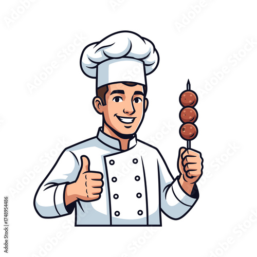 Happy Male Chef Giving Thumbs Up and Holding Bakso Meatball Skewers