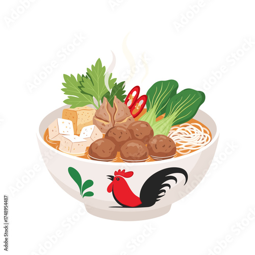 Steaming Indonesian Bakso Bowl with Meatballs, Tofu, and Vegetables Illustration