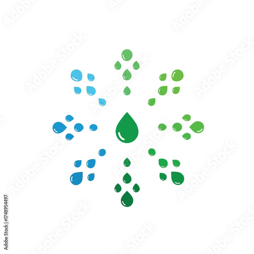 Water droplets form a floral pattern with blue and green hues, symbolizing freshness and environmental awareness on a clean white backdrop.