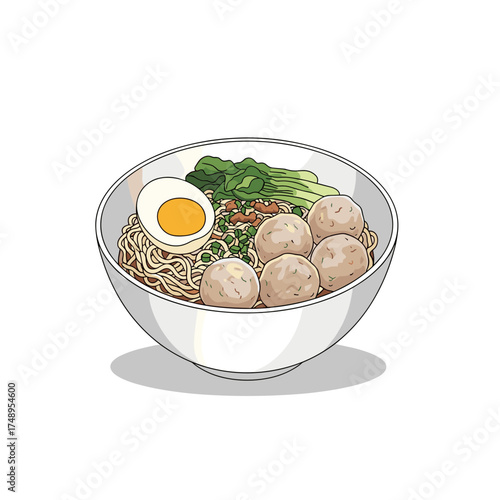 Isometric Bakso Meatball Noodle Soup with Egg and Bok Choy