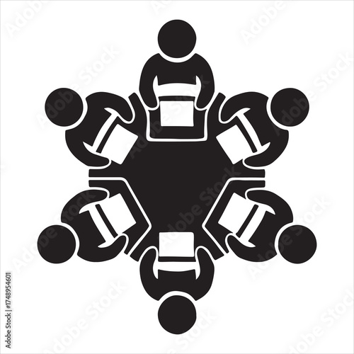 eam meeting collaboration silhouette design with laptops around table vector art