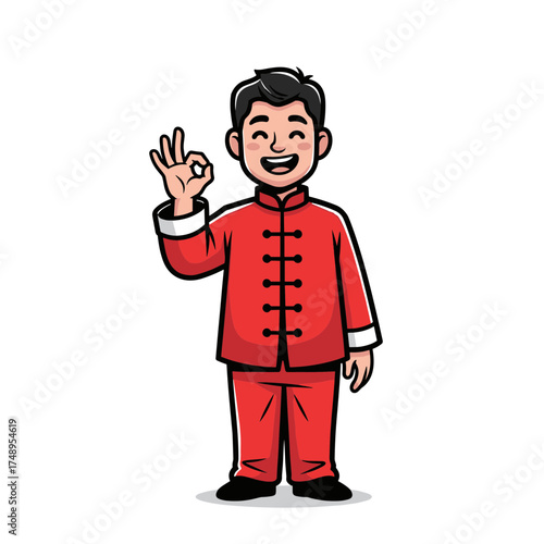 Cheerful Chinese Man in Traditional Tang Suit Giving OK Gesture