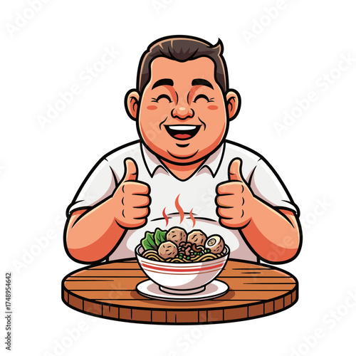 Happy Man Enjoying Bakso Noodle Soup and Giving Two Thumbs Up