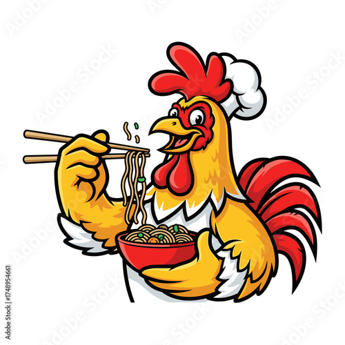 Cartoon Rooster Chef Eating Noodles with Chopsticks, Asian Food Mascot