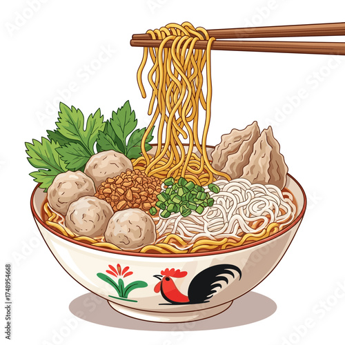 Hearty Bakso Noodle Soup with Meatballs, Toppings, and Rooster Bowl Design
