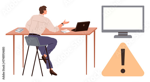 Man seated at desk gesturing while using laptop, blank monitor screen, triangle error alert. Ideal for productivity, IT issues, remote work, tech support, troubleshooting, work challenges simple