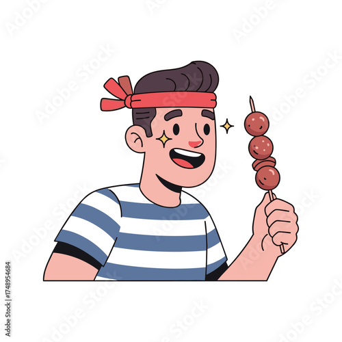 Happy Man Enjoying Skewered Meatballs, Street Food Enthusiast