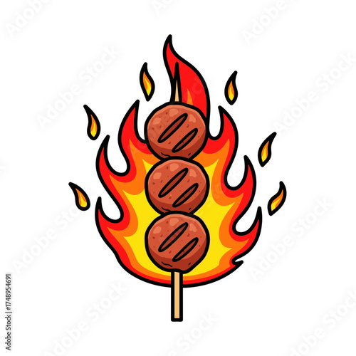 Flaming Skewered Meatballs, Spicy Grilled Bakso Satay Illustration