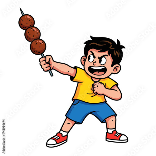 Playful Boy Wielding Giant Meatball Skewer Like a Weapon