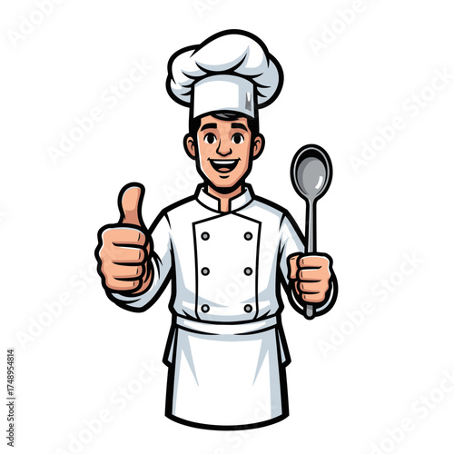 Happy Cartoon Male Chef in Uniform Holding Spoon and Giving Thumbs Up Gesture