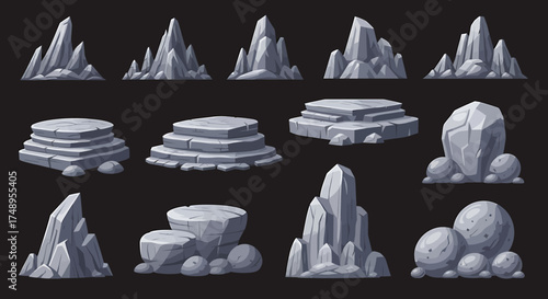 Cartoon rock formations set, including jagged peaks, stepped platforms, and rounded boulders.