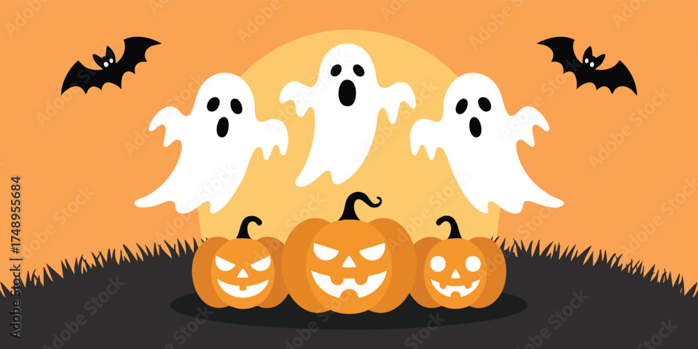 Naklejka premium A Halloween scene with three ghosts three pumpkins and two bats on an orange background