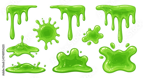 Green slime drips and splatters, cartoon style, isolated on white.