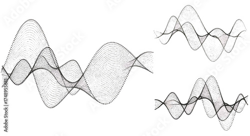 A set of three abstract flowing wave forms made of fine black intersecting lines on a white background.