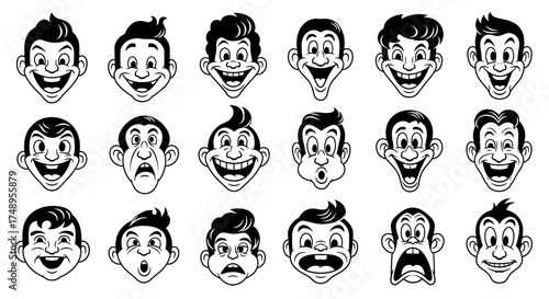 A collection of 20 cartoon faces with various exaggerated expressions, rendered in black and white.