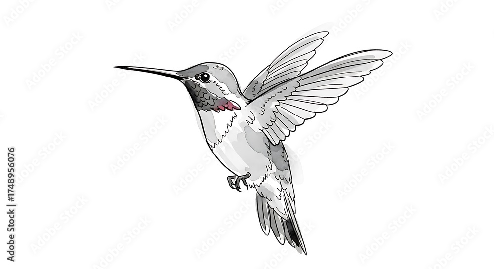 Fototapeta premium Hand drawn illustration of a hummingbird isolated on white background, flying with wings spread