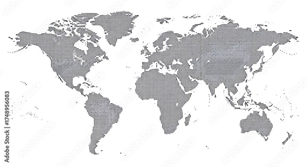 Fototapeta premium A detailed world map illustration composed of numerous small dots, showcasing continents and oceans.