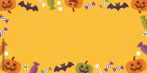 Halloween border features pumpkins bats and candies on an orange background