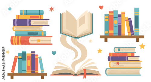 Colorful illustration of various stacks of books, an open book with pages flying out, and books on shelves, symbolizing reading and knowledge.
