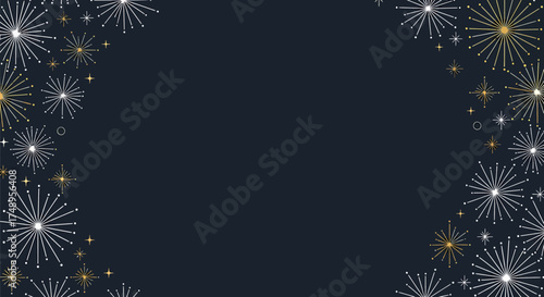 Elegant dark blue background with white and gold starburst or fireworks patterns framing the edges, perfect for celebrations.