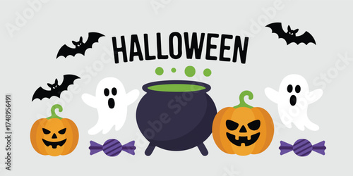 Halloween display features a cauldron pumpkins ghosts bats and candies against a light gray background