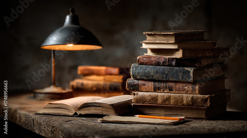 Vintage Books Stacked on a Wooden Desk with a Desk Lamp, Antique Study