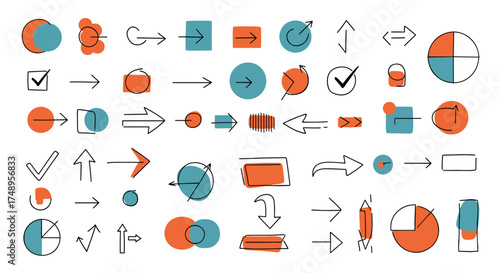 A collection of graphic elements featuring arrows shapes and diagrams in orange and teal colors.