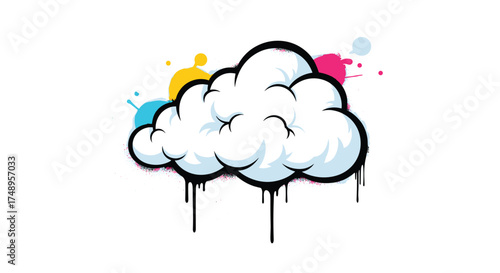 A vibrant and colorful spray paint cloud graphic with dripping paint accents.