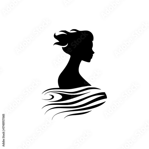 Elegant Black Silhouette Woman with Flowing Hair and Waves