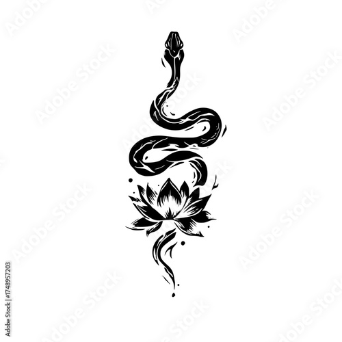 Black and White Snake and Lotus Tattoo Design