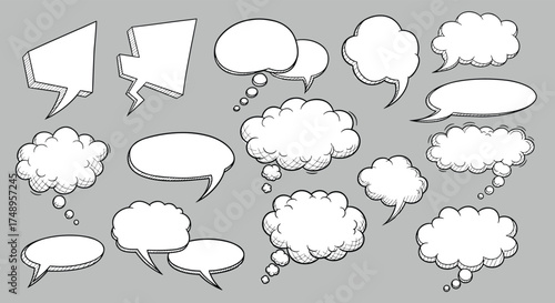 A collection of various hand drawn speech bubbles and thought clouds in different shapes and sizes.