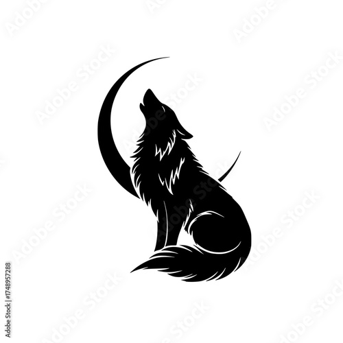 Minimalist Black Wolf Silhouette with Crescent Moon