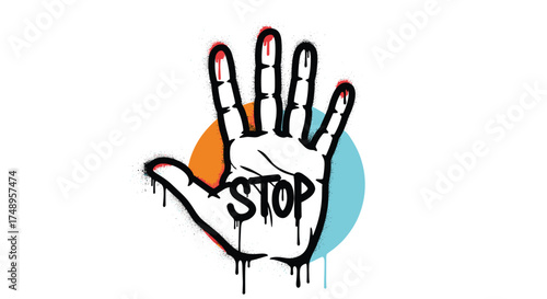 Graffiti style hand symbol with the word stop spray painted on the palm with dripping paint.