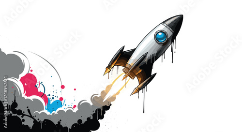 A stylized rocket ship blasts off with colorful ink splatters creating a dynamic and artistic visual effect.