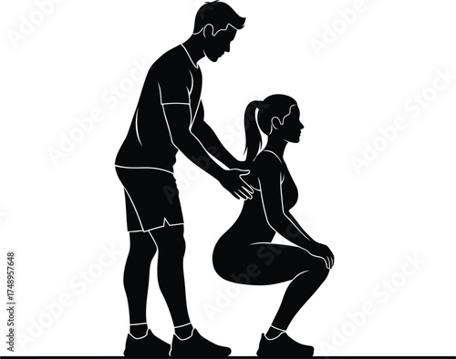 Vector art of silhouette of a man guiding a woman in a squat exercise
