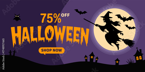 Halloween sale banner witch bats  haunted houses against a moonlit sky with 75 off  a Shop Now button