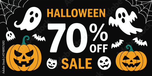 Halloween sale banner with 70 off text ghosts bats spiderwebs and jackolanterns on a black background