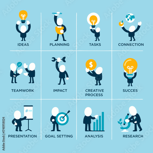 Business concept icons visualizing ideas, planning, tasks, connection, teamwork, impact, creative process, success, presentation, analysis and research
