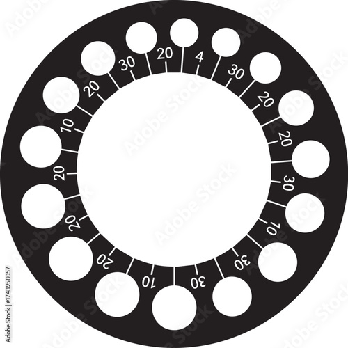 Black circular disc with white holes, numerical markings, and radial lines, technical graphic design.