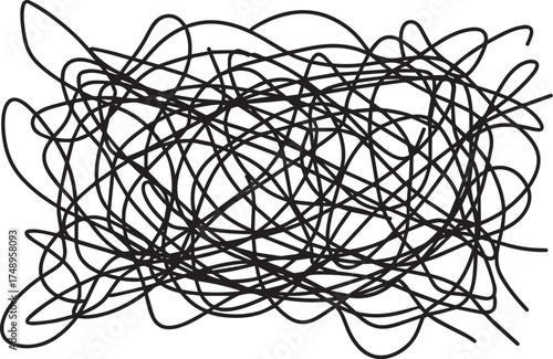 Abstract tangled black scribble of chaotic lines, a messy, intricate, and complex pattern.